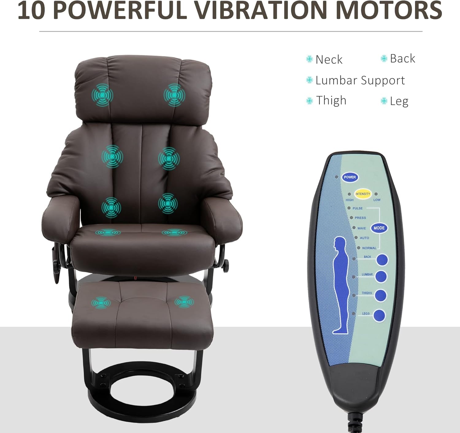 Massage Recliner Chair with Ottoman, 360° Swivel Recliner and Footstool, 10 Point Vibration, PU Leather Reclining Chair with Side Pocket and Remote Control, Brown-3