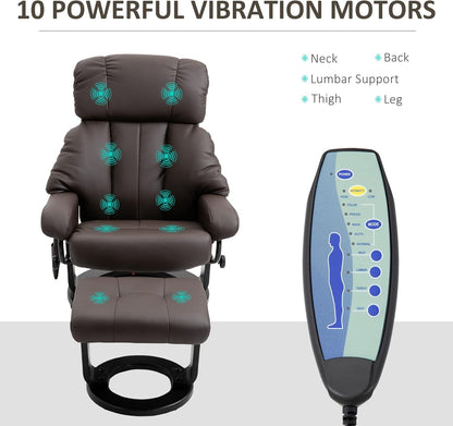 Massage Recliner Chair with Ottoman, 360° Swivel Recliner and Footstool, 10 Point Vibration, PU Leather Reclining Chair with Side Pocket and Remote Control, Brown-3