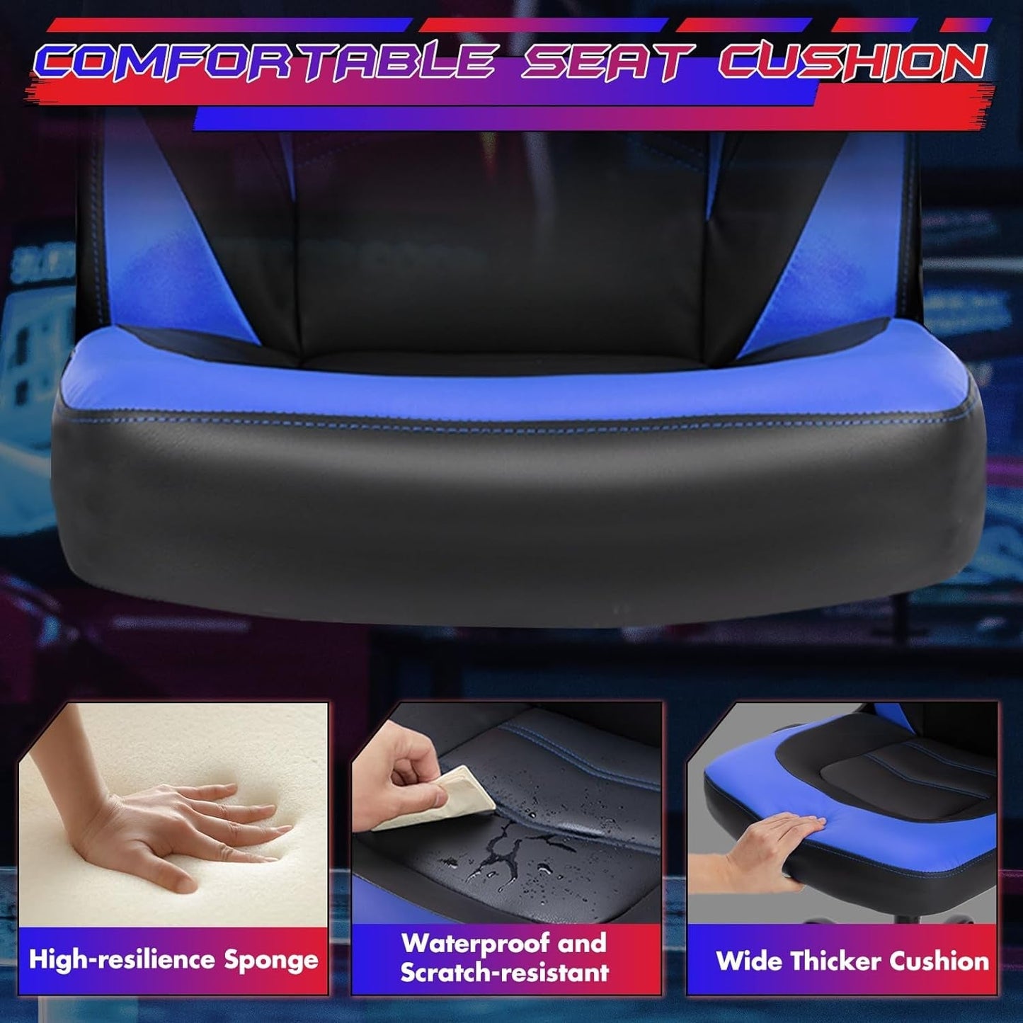 Computer Gaming Desk Chair - Ergonomic Office Executive Adjustable Swivel Task PU Leather Racing Chair with Flip-Up Armrest for Adults, Kids, Men, Girls, Gamer, Black Blue-3