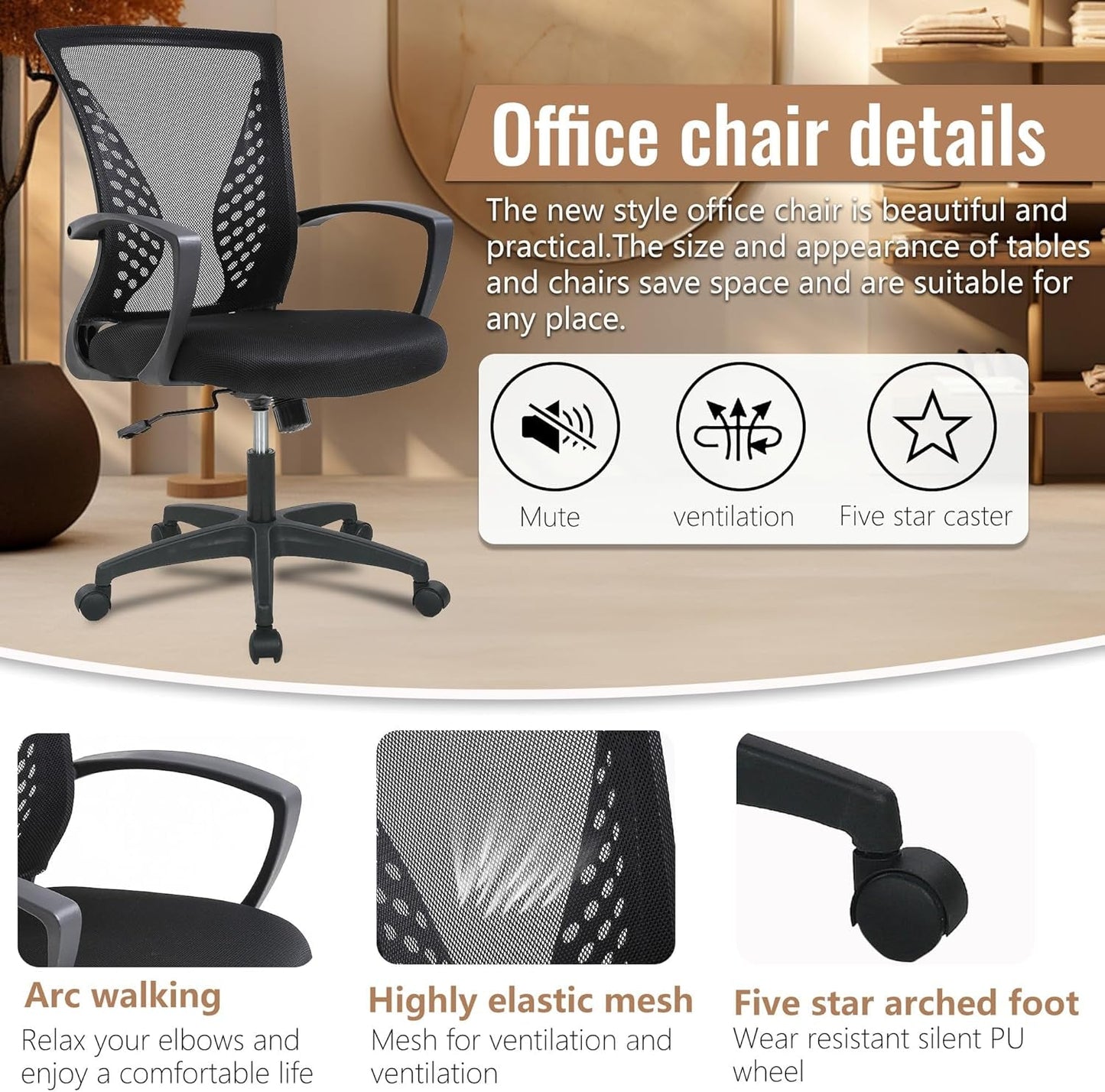 Home Office Chair Mid Back PC Swivel Lumbar Support Adjustable Desk Task Computer Ergonomic Comfortable Mesh Chair with Armrest (Black)-3