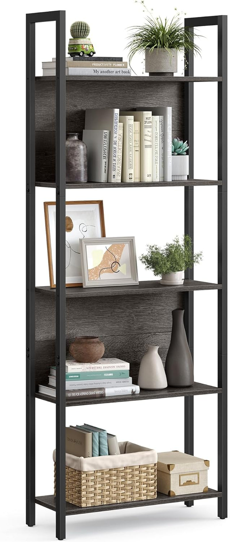 5-Tier Bookshelf, Book Shelf, Industrial Bookcase, with Steel Frame, for Living Room, Home Office, Bedroom, 9.4 X 24.4 X 65 Inches, Charcoal Gray and Black ULLS025B04-0