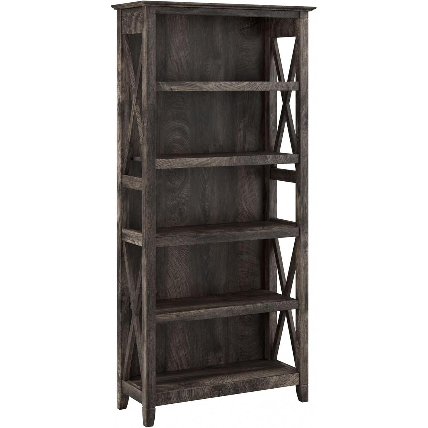 Bush Furniture Tall 5 Shelf Bookcase for Living Room or Home Office, Large Bookshelf, Modern Farmhouse Style, Key West Collection, Dark Gray Hickory-0
