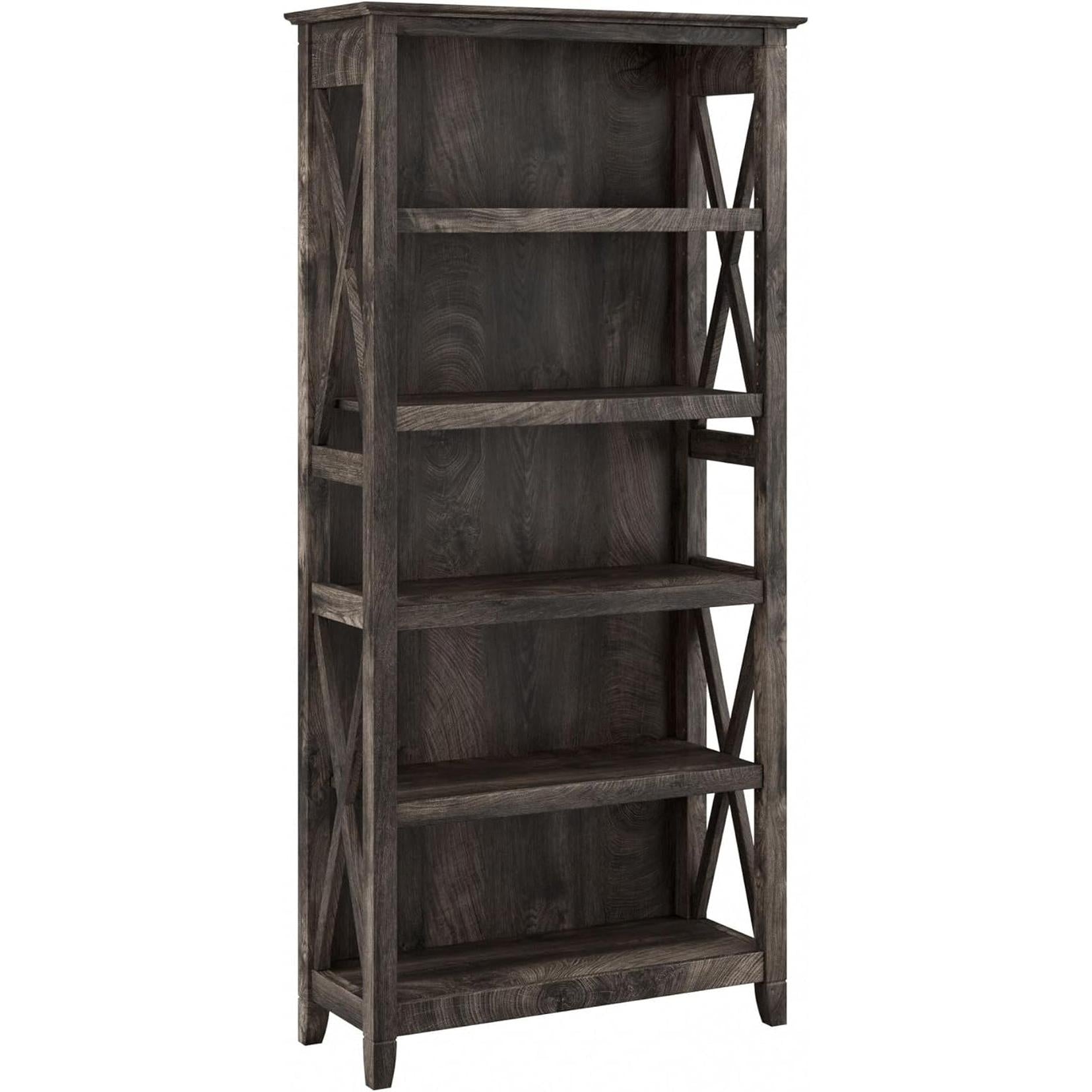 Bush Furniture Tall 5 Shelf Bookcase for Living Room or Home Office, Large Bookshelf, Modern Farmhouse Style, Key West Collection, Dark Gray Hickory-0