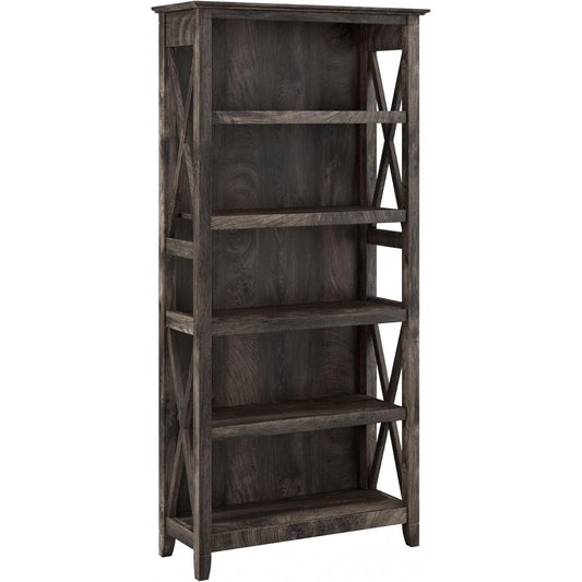 Bush Furniture Tall 5 Shelf Bookcase for Living Room or Home Office, Large Bookshelf, Modern Farmhouse Style, Key West Collection, Dark Gray Hickory-0