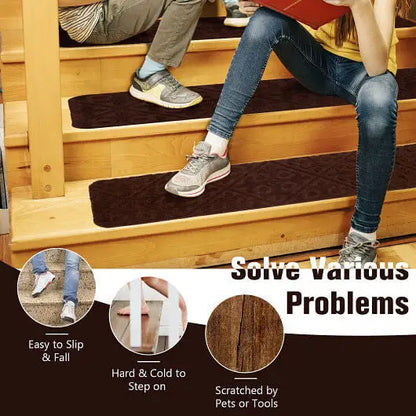 15Pcs Indoor Non-Slip Stair Carpet Mats for Wooden Steps-Brown - Color:Brown - Rugs