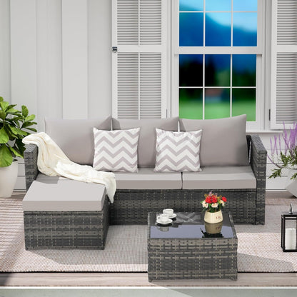 3 Pieces Patio Furniture Set All-Weather Outdoor Wicker Sectional Conversation Sofa Rattan Patio Sofa W/Cushion & Glass Table,Patio Conversation Set,Backyard Furniture for Porch (Light Gray)-2