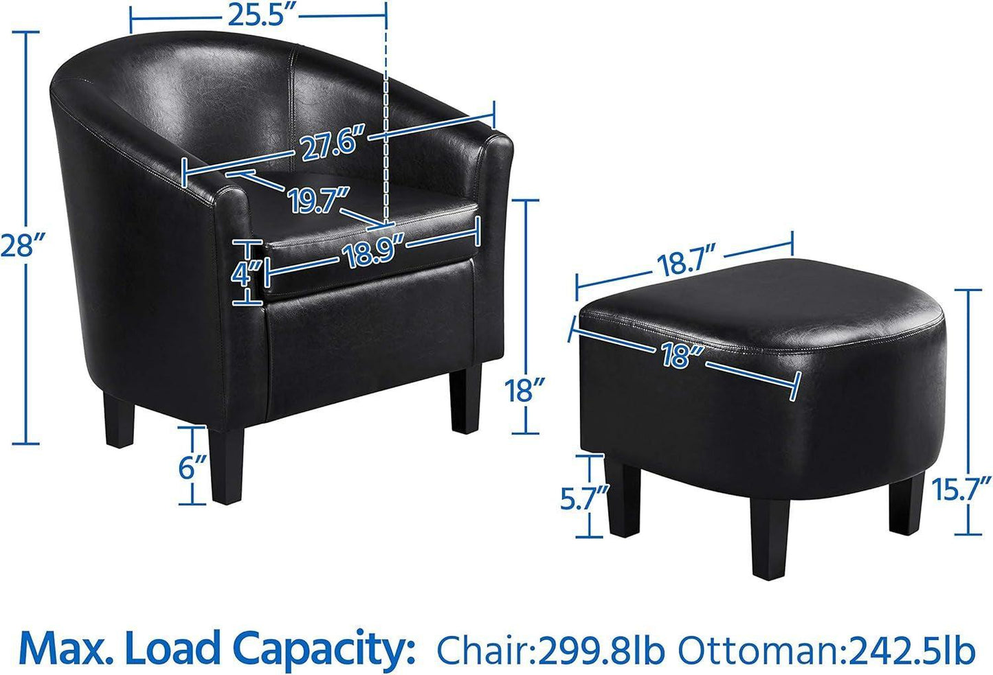 Modern Black Faux Leather Accent Chair With Ottoman Set-2