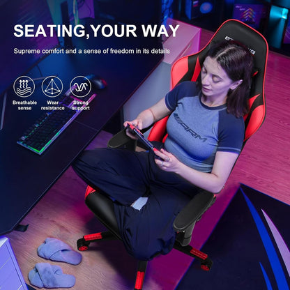 Gaming Chair with Footrest, Ergonomic Computer Game Desk Chair, Reclining Gaming Chair Seat Height Adjustment, Swivel Rocker with Headrest and Lumbar (Brickred)-2