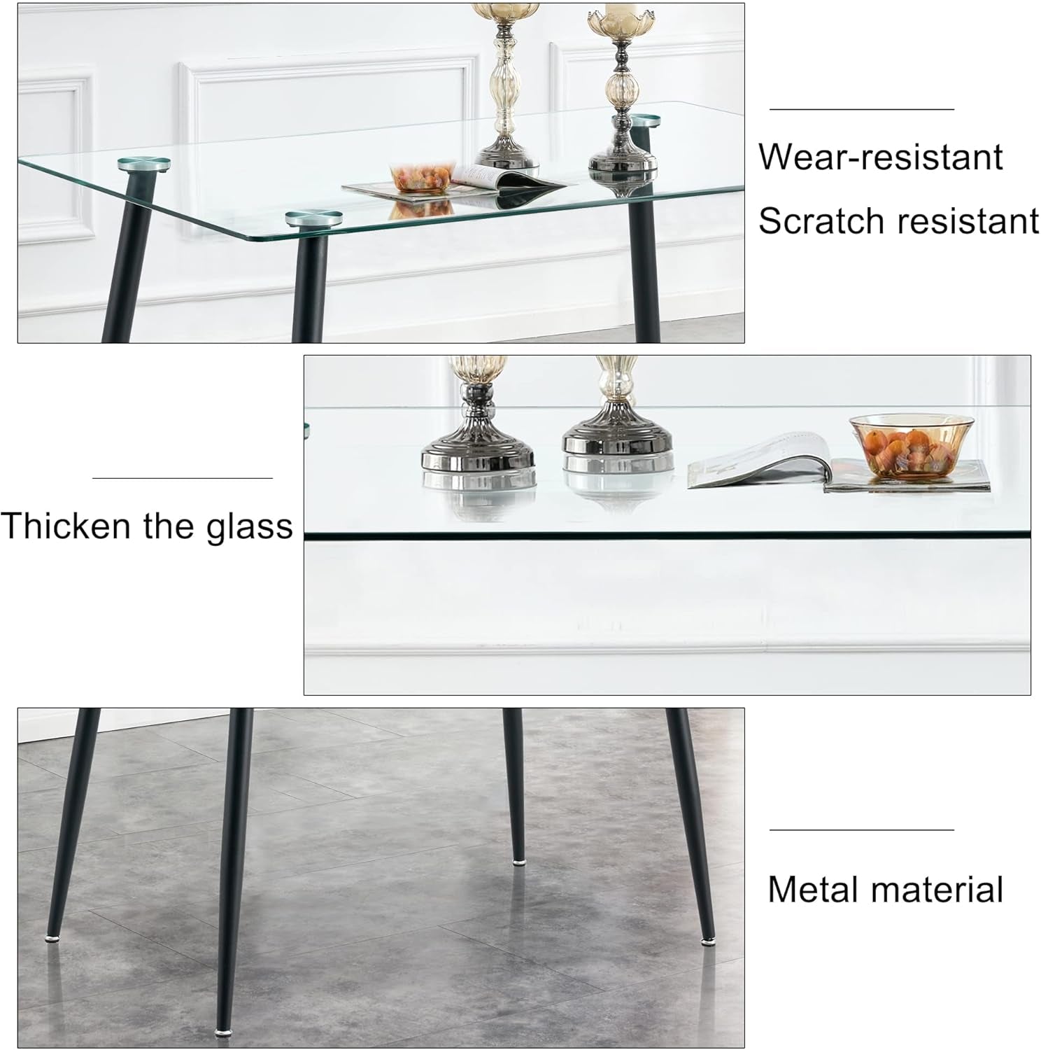 51 Inch Glass Dining Table for 4, Rectangular Glass Dining Room Table with Clear Tempered Glass Tabletop, Glass Kitchen Table with Black Metal Legs for Dining Room Living Room-4