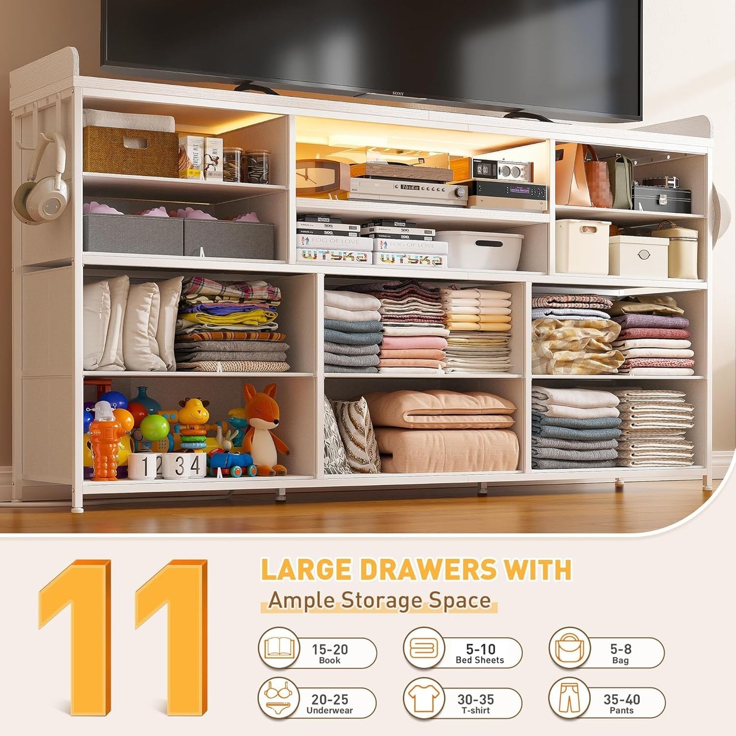 Dresser for Bedroom with 11 Drawers for 60" TV Stand for Bedroom with LED Lights & Charging Station Long Dresser with Shelves & 4 Hooks Sturdy Metal Frame & Fabric Drawers (White)-3