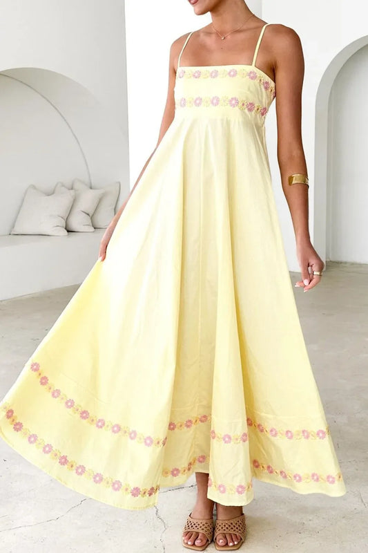 Floral Embroidered Spaghetti Strap Maxi Dress, Blue, Pink or Yellow  SM/MED/LG