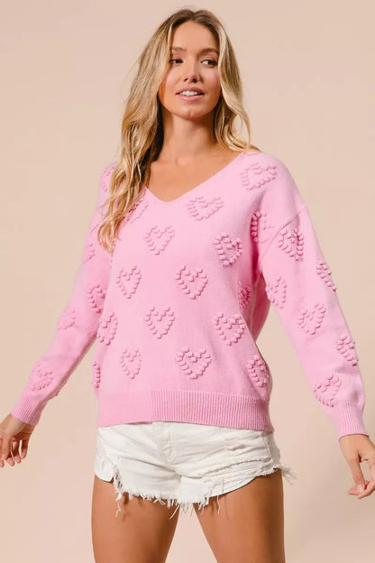 BiBi Valentines Heart Pompom V Neck Knit Top