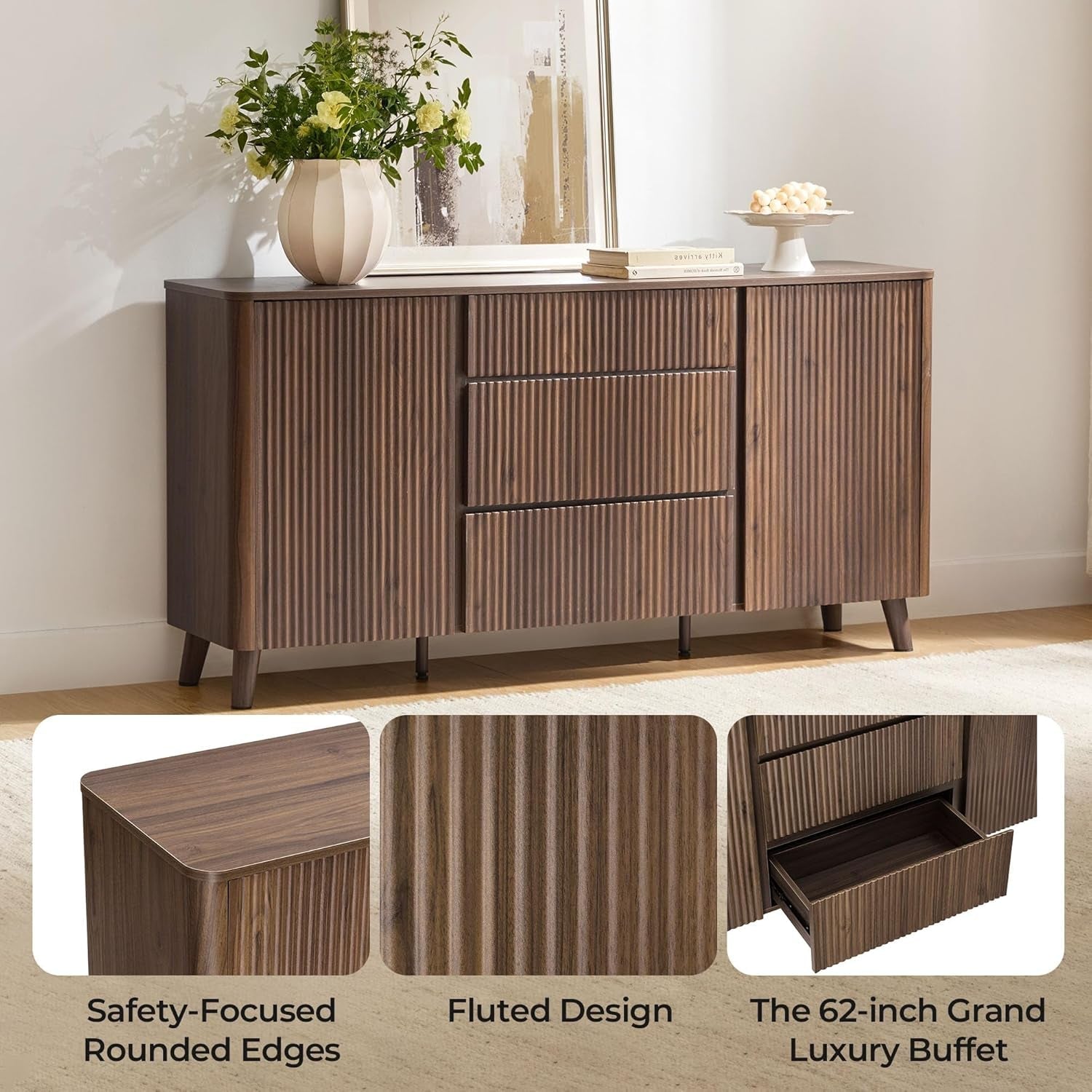 62 Inch Walnut Sideboard Buffet With Adjustable Shelves-4