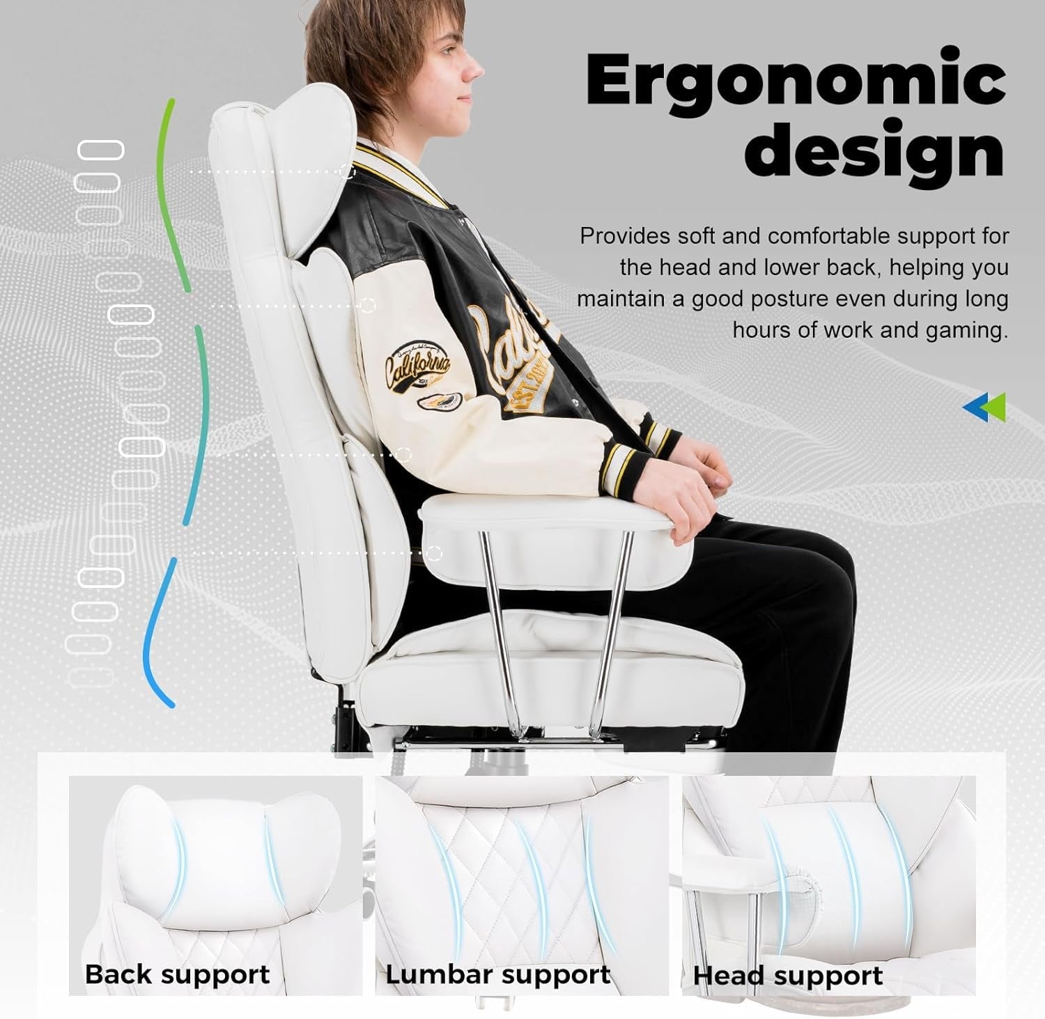 Big and Tall Gaming Chair with Pocket Spring Lumbar Support, Ergonomic Office Chair with Footrest, Executive Desk Chair with Outward Fixed Soft Armrests, Computer Chair with High Back, White-2