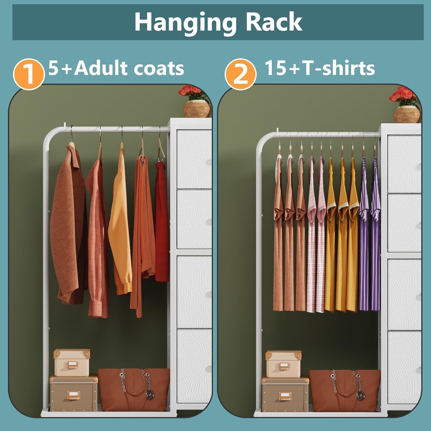 Dresser with Hanging Rack, Small Dresser 4 Drawers for Bedroom, Kids Dresser Reversable for Closet with Clothes Rack, Tall Chest of Fabric Drawers, Sturdy Frame, White, 44''H-3