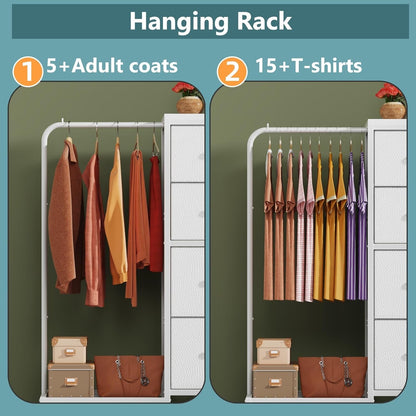 Dresser with Hanging Rack, Small Dresser 4 Drawers for Bedroom, Kids Dresser Reversable for Closet with Clothes Rack, Tall Chest of Fabric Drawers, Sturdy Frame, White, 44''H-3