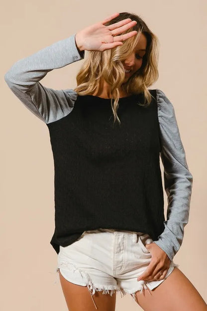 BiBi Cable Sweater Knit Top with Contrast Puff Sleeve