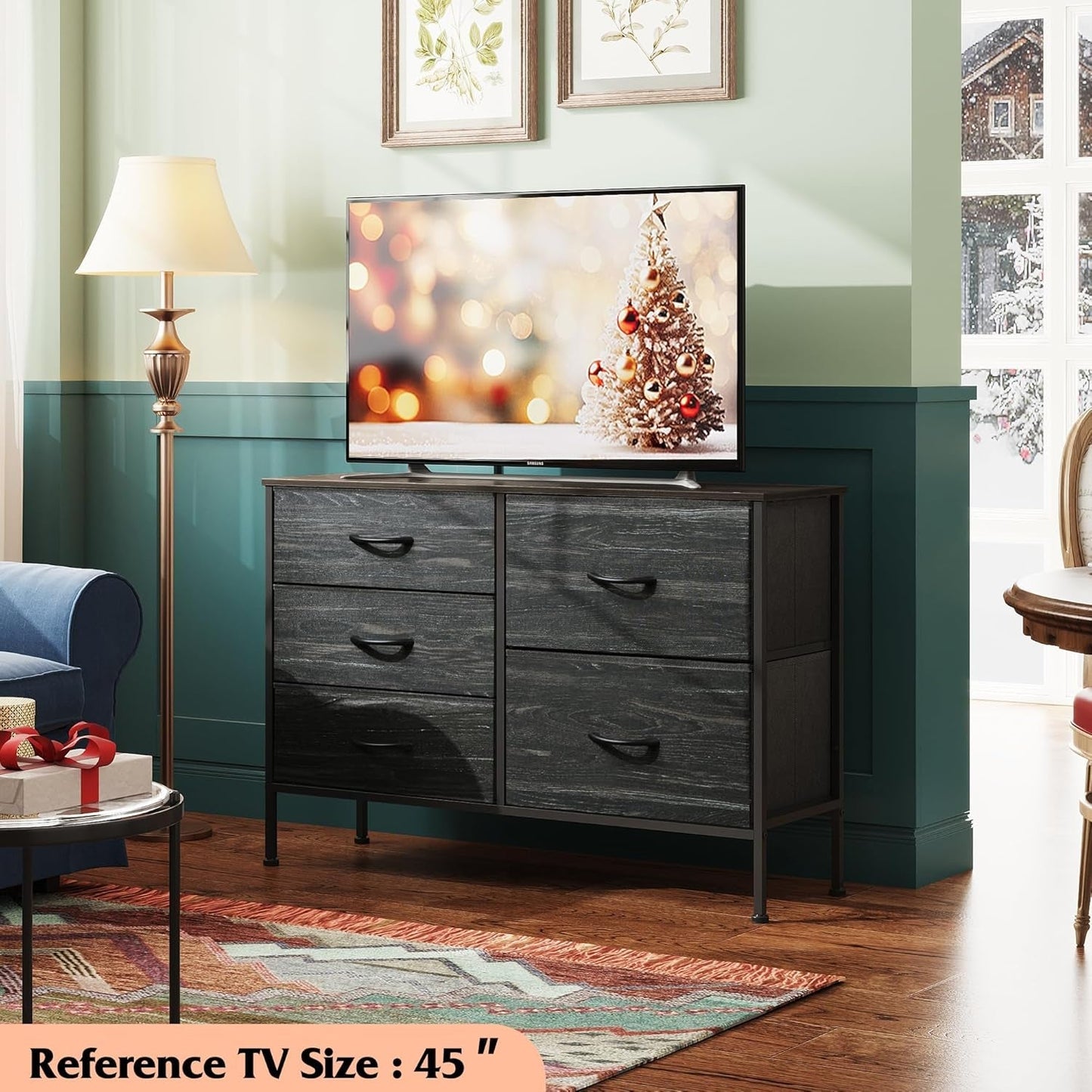 Dresser for Bedroom with 5 Drawers, Wide Bedroom Dresser with Drawer Organizers, Chest of Drawers, Fabric Dresser for Living Room, Closet, Hallway, Charcoal Black Wood Grain Print-1