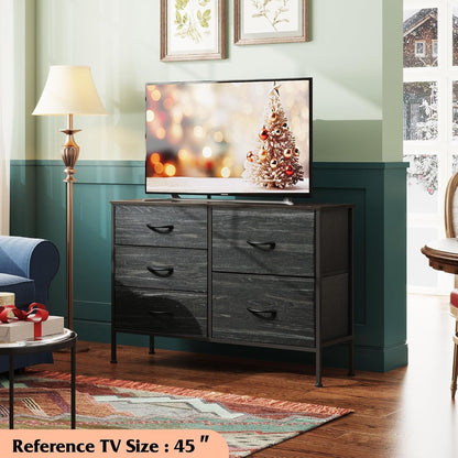 Dresser for Bedroom with 5 Drawers, Wide Bedroom Dresser with Drawer Organizers, Chest of Drawers, Fabric Dresser for Living Room, Closet, Hallway, Charcoal Black Wood Grain Print-1