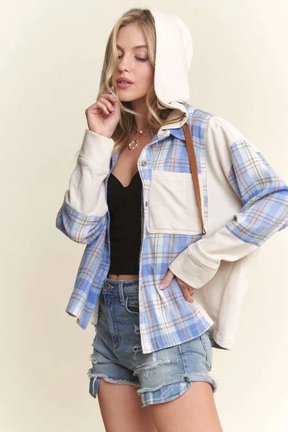 ADORA Button Down Plaid Hoodie Shacket