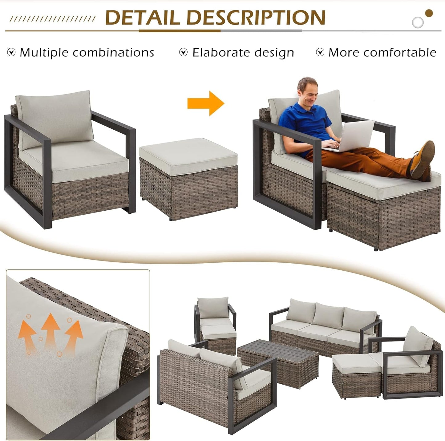 Aluminum Patio Furniture Set with Rattan Sectional Sofa-3