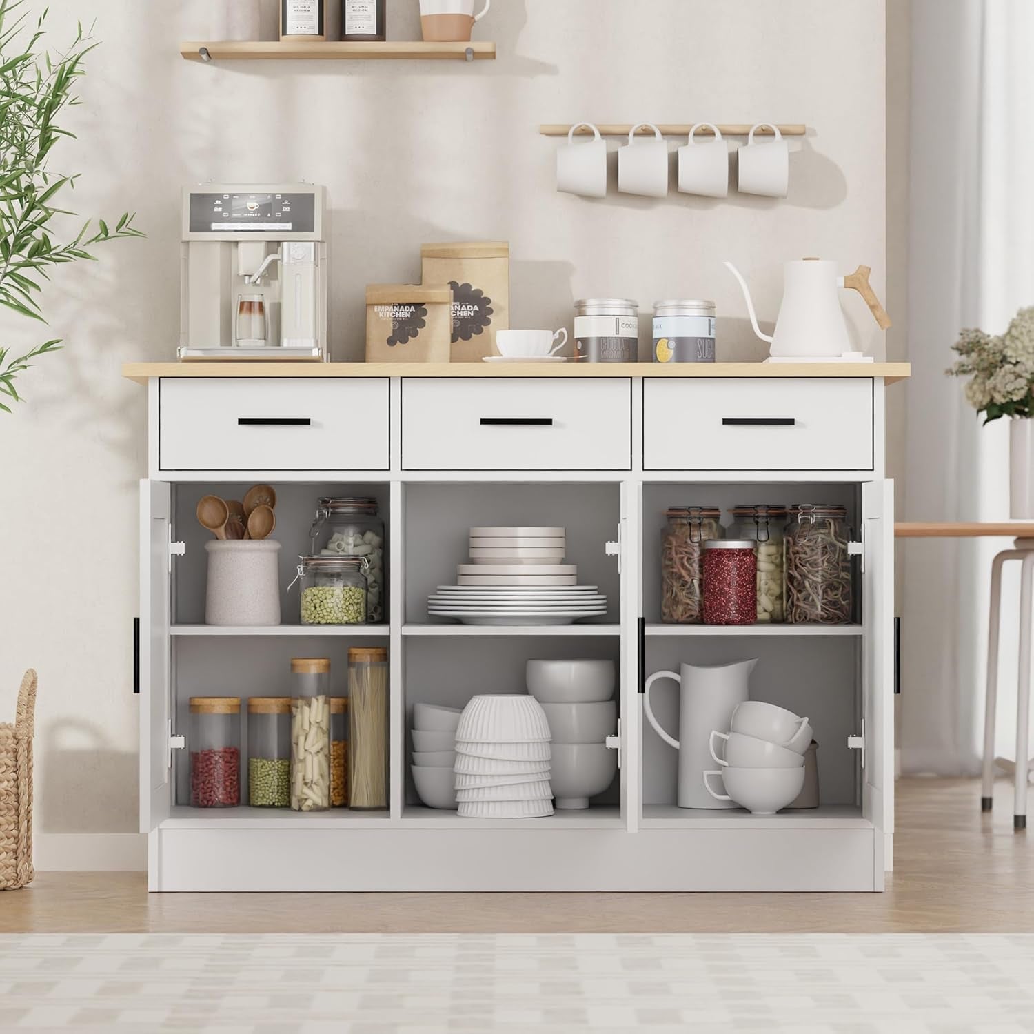 White Buffet Cabinet With Storage 47W Three Doors Drawers-4