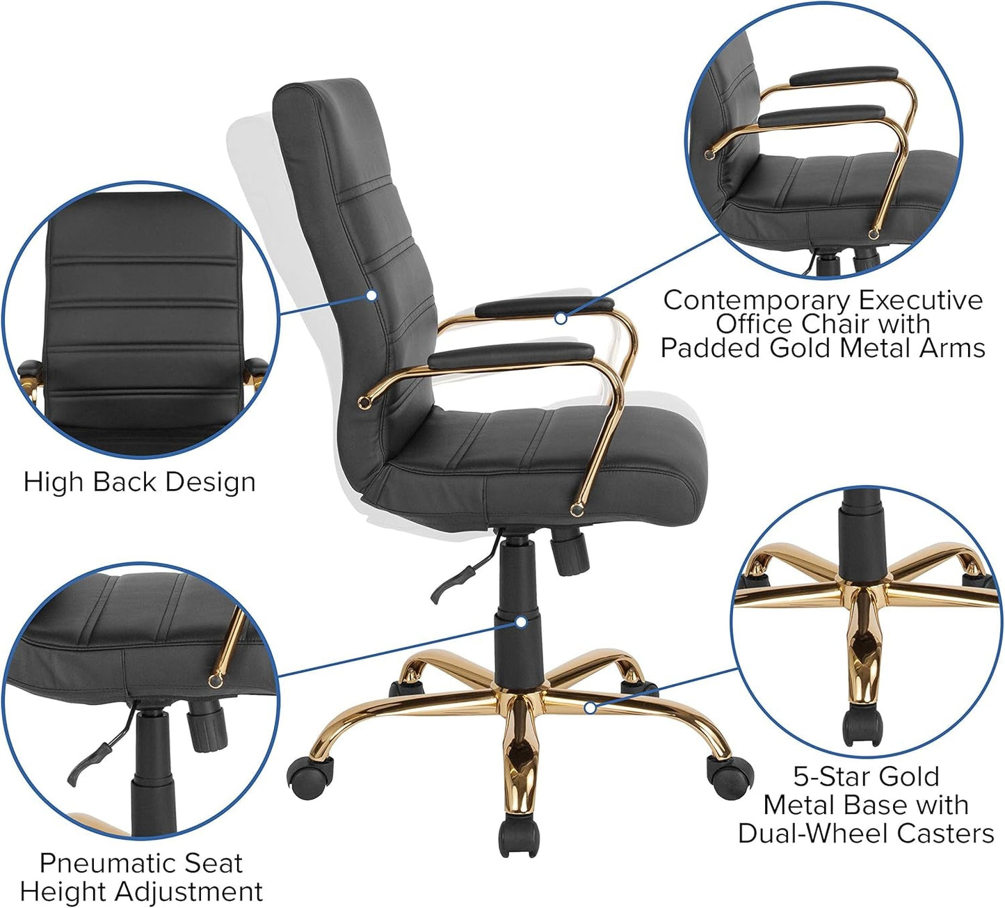 Whitney High-Back Swivel Leathersoft Desk Chair with Padded Seat and Armrests, Adjustable Height Padded Office Chair, Black/Gold-3