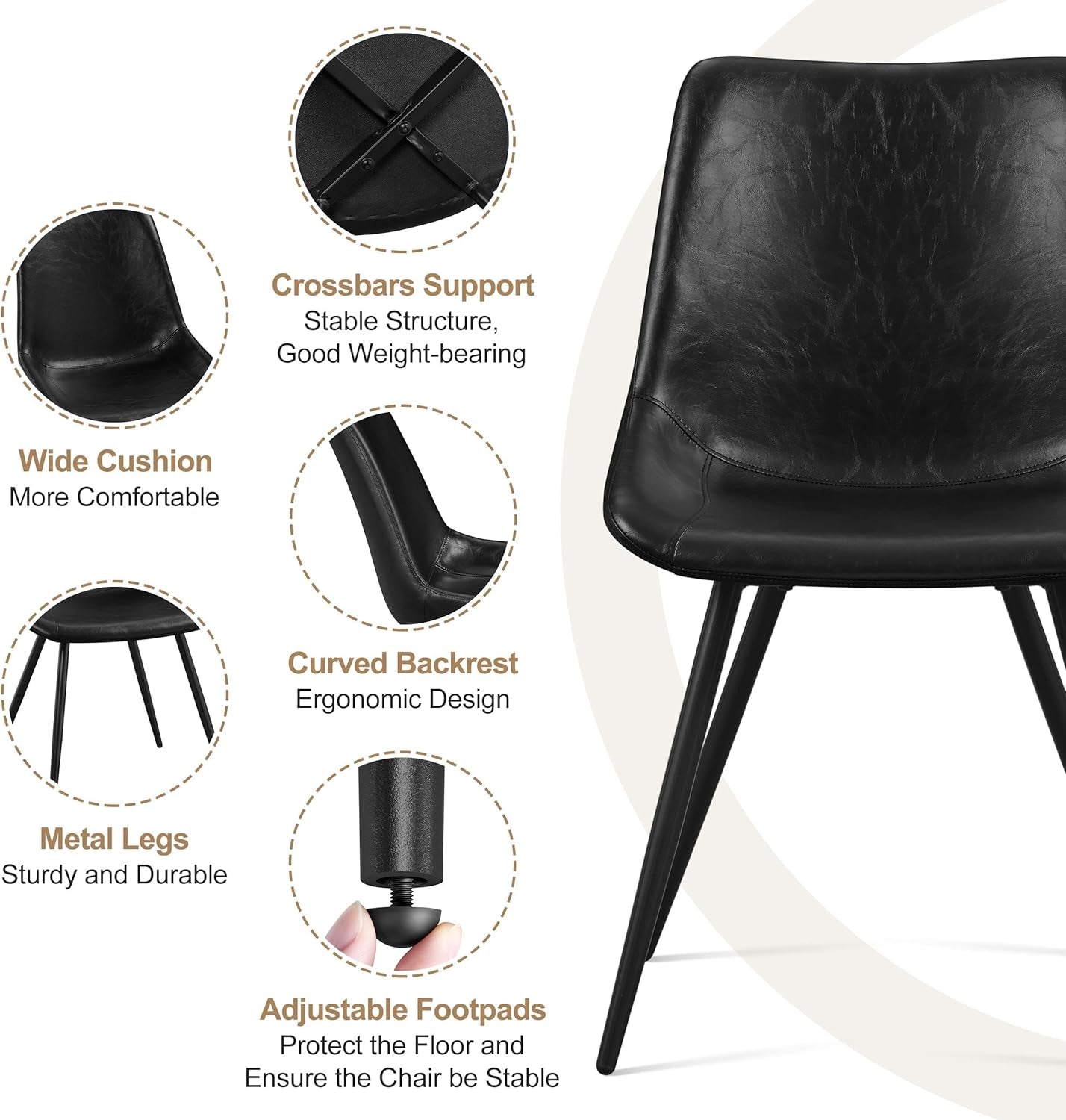 Dining Chairs Set of 2 Mid Century Modern Dining Room Chairs Faux Leather Upholstered Kitchen Chairs with Metal Legs for Kitchen Dining Room, Black-4