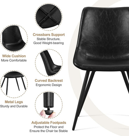 Dining Chairs Set of 2 Mid Century Modern Dining Room Chairs Faux Leather Upholstered Kitchen Chairs with Metal Legs for Kitchen Dining Room, Black-4