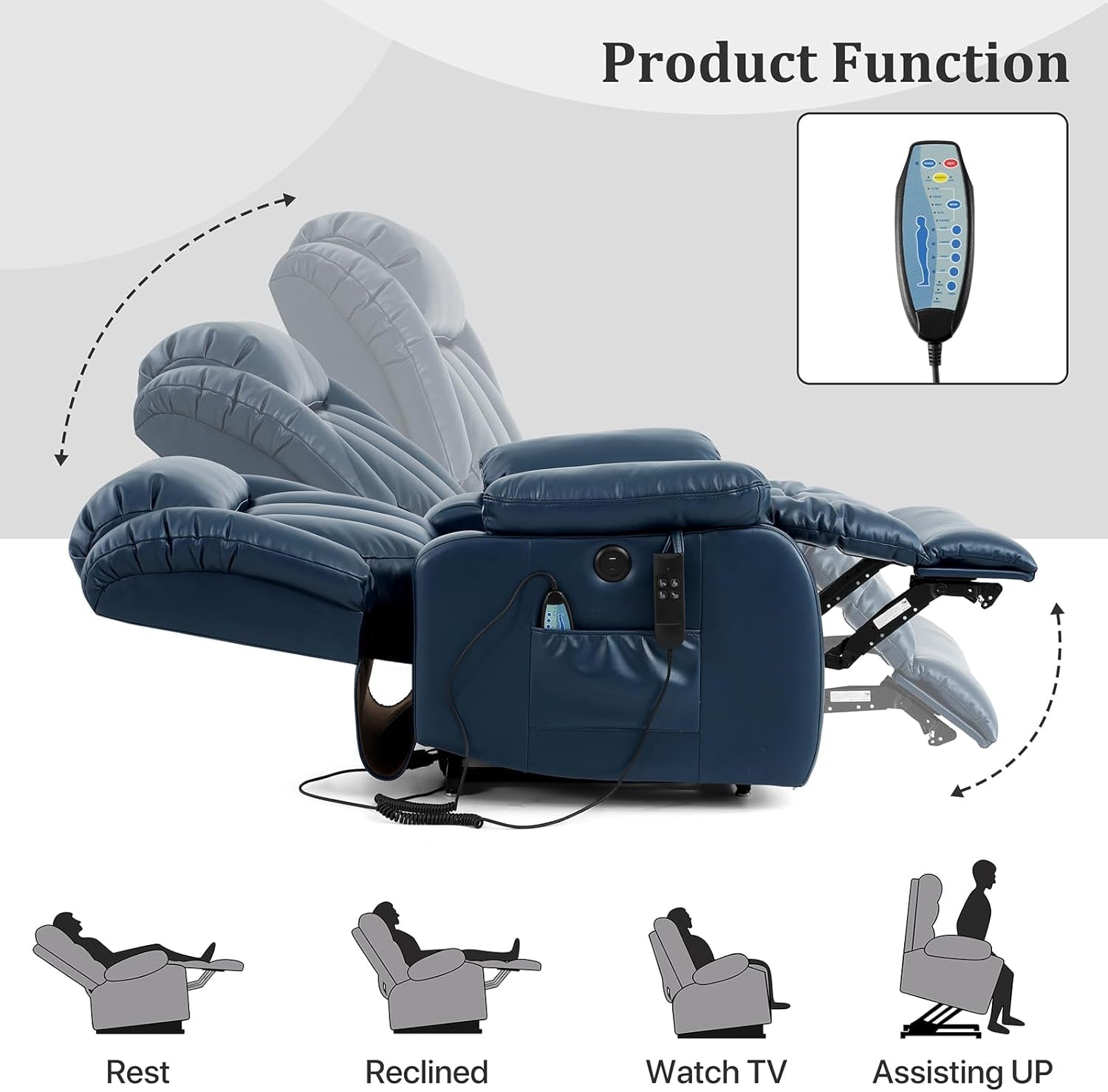 Dual Motor Large Power Lift Recliner Chair Recliners for Elderly, Infinite Position Recliner Chair with Heat and Massage, Breathable Leather(Dark Blue)-3