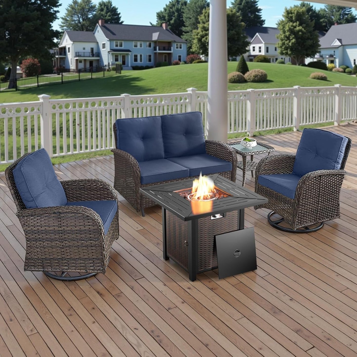 5 Piece Outdoor Patio Furniture Set with 50000 BTU Propane Fire Pit Table, Deep Seating Wicker Swivel Rocker Chairs and Loveseat Glider Patio Conversation Set for Deck Poolside Backyard Blue-0