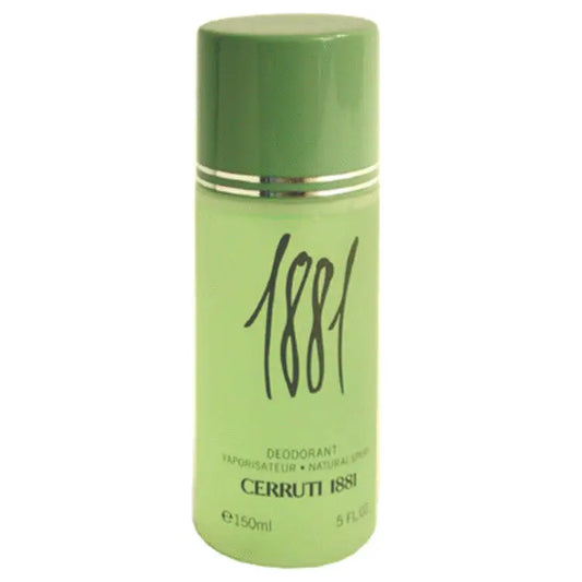Green Nino Cerruti deodorant spray bottle with silver band, perfumer Martin Gras