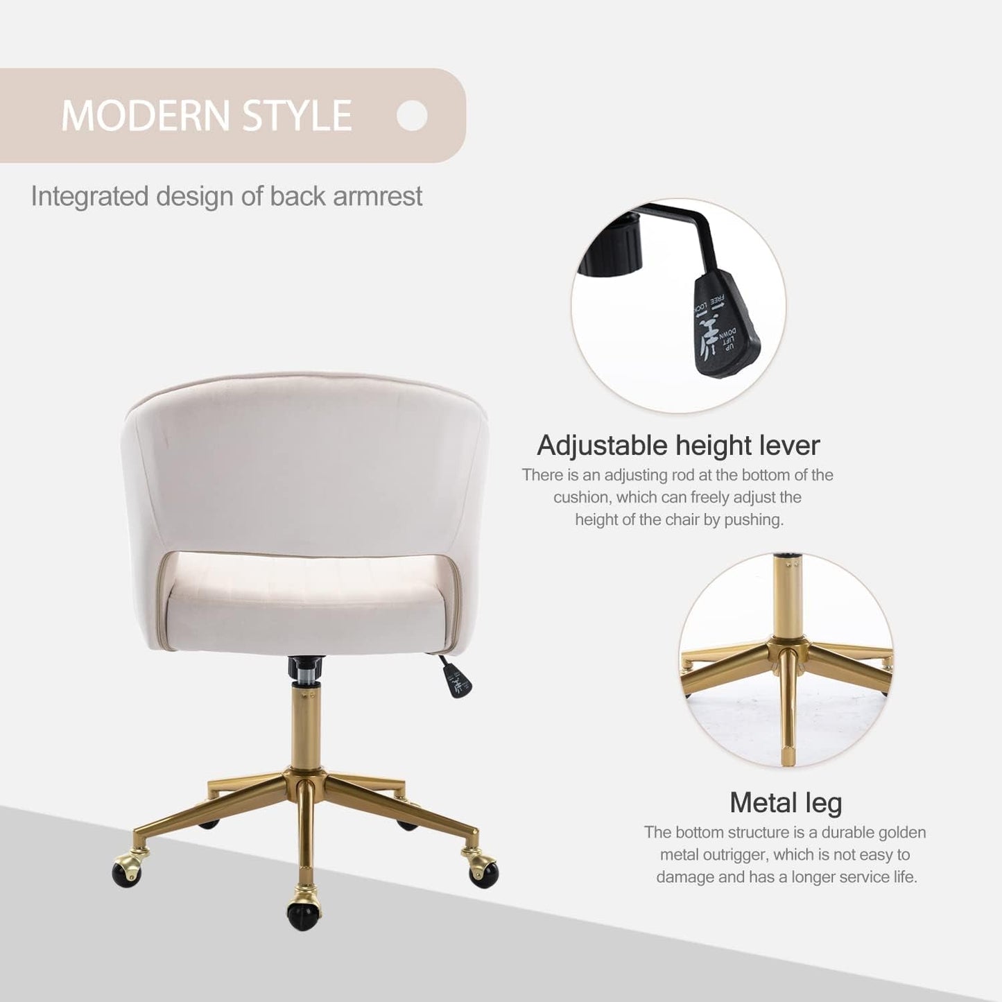 Velvet Office Desk Chair, Upholstered Home Office Desk Chairs with Adjustable Swivel Wheels, Ergonomic Office Chair for Living Room, Bedroom, Office, Vanity Study (Beige)-4