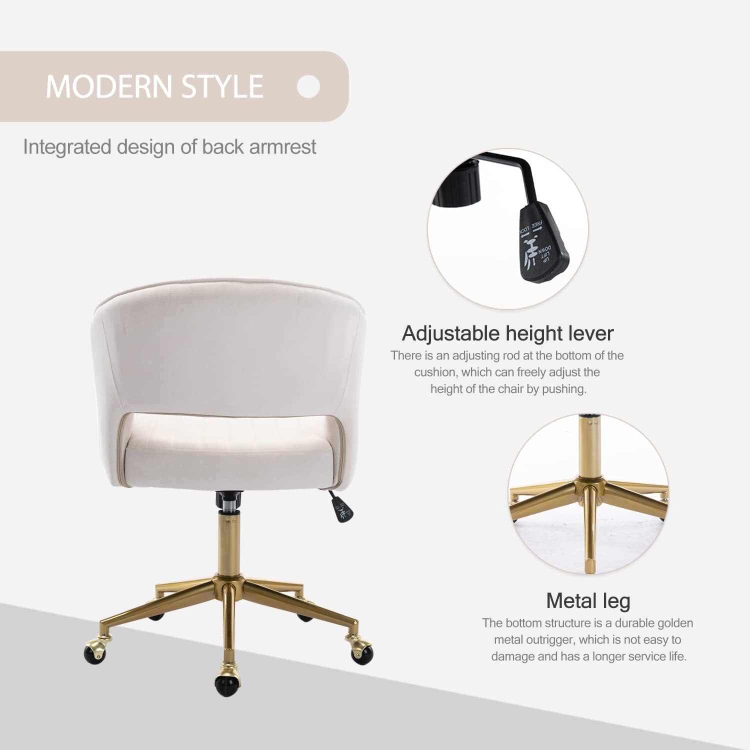 Velvet Office Desk Chair, Upholstered Home Office Desk Chairs with Adjustable Swivel Wheels, Ergonomic Office Chair for Living Room, Bedroom, Office, Vanity Study (Beige)-4