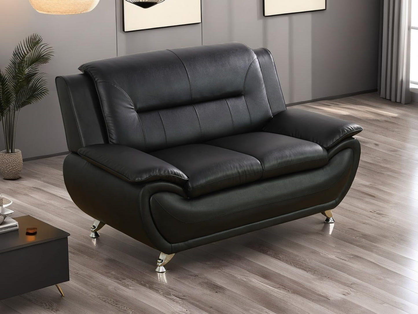 Contemporary Living Room Furniture Set, Faux Leather Sofa Set for Living Room/House/Bedroom/Office/Apartment (Black-B, Loveseat), F45&F46-0