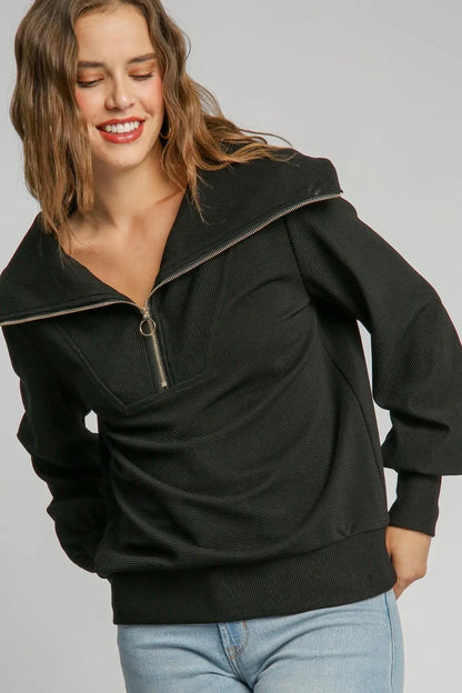 Umgee Full Size Ribbed Knit Half Zipper Sweatshirt Plus Size