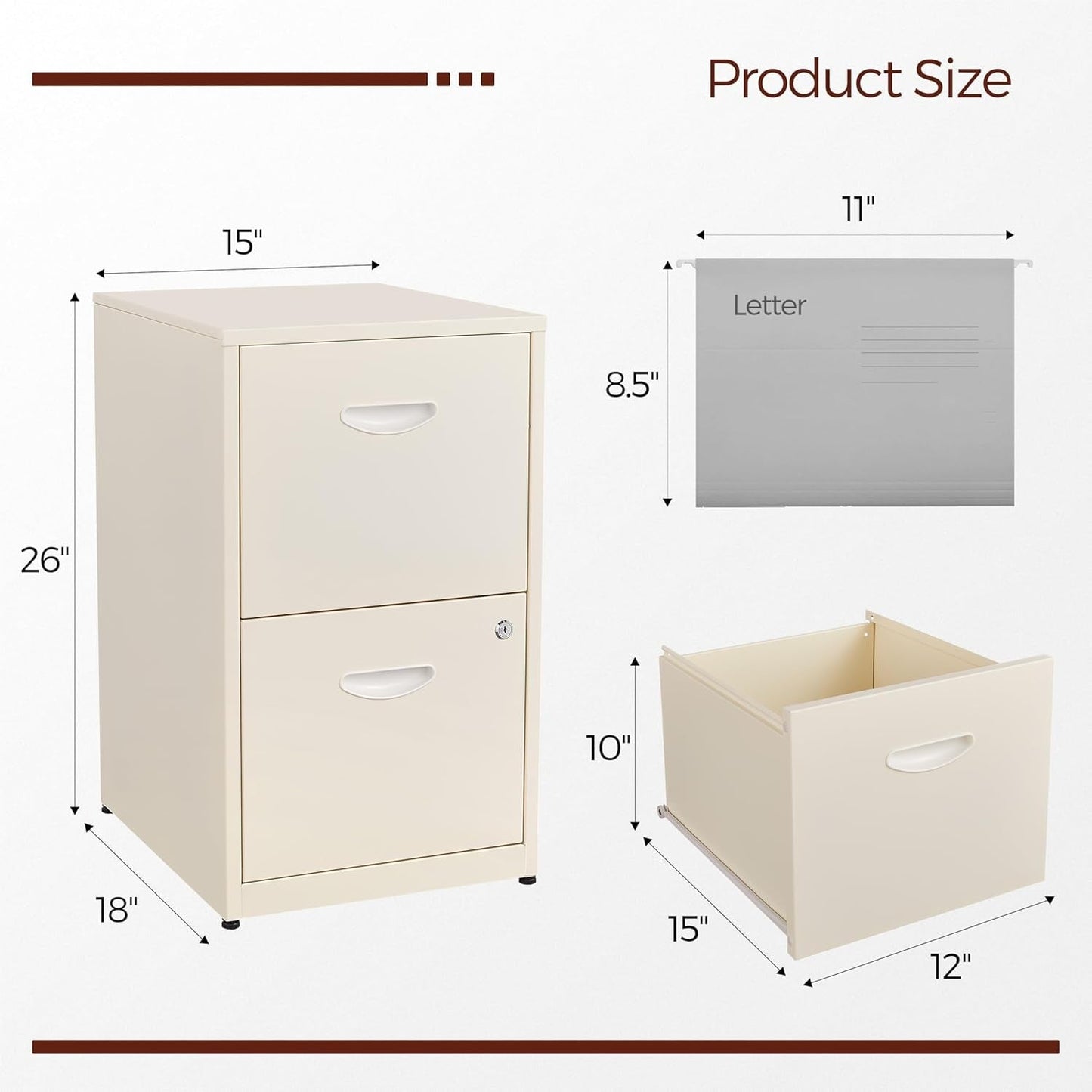2 Drawer File Cabinet with Lock,Cream Metal Filing Cabinets,Vertical Locking File Cabinet Fit Hanging Files, Letter,File Box and A4 Documents(Cream)-2