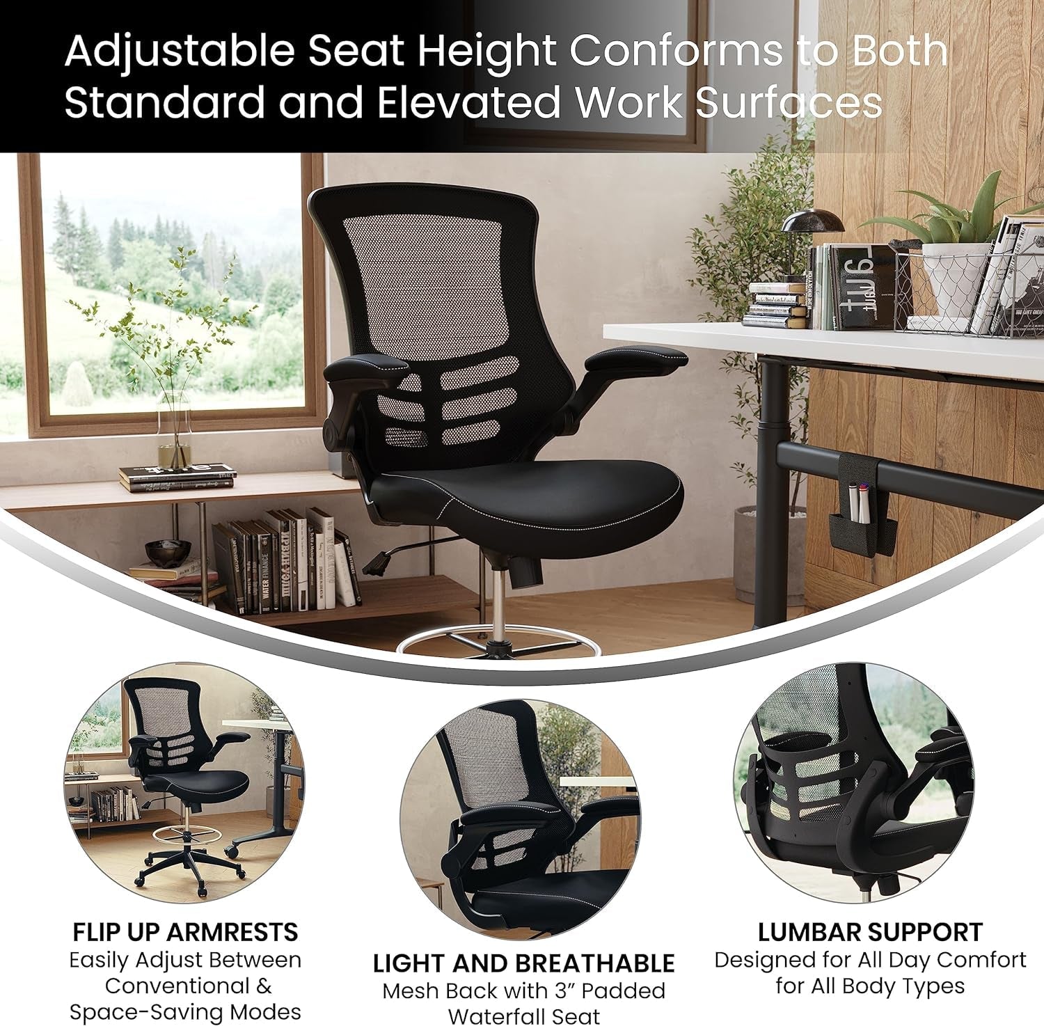 Kelista Mid-Back Swivel Office Chair with Adjustable Leathersoft Seat Height, Ergonomic Mesh Chair with Flip-Up Arms, Black-3