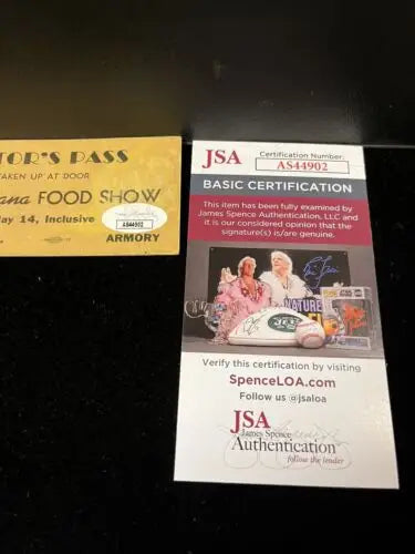 JSA authentication card for 1942 Perry Como Elmo Tanner signed Kentuckiana Food Show ticket
