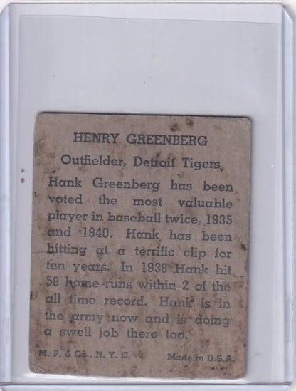 Vintage baseball card of Hank Greenberg Detroit Tigers R302-01 model