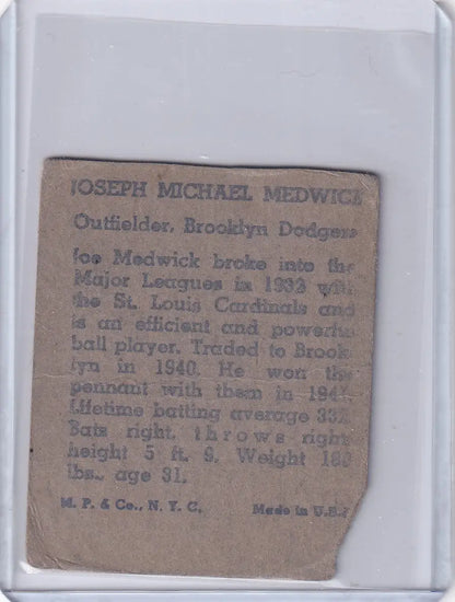Vintage baseball card of Joe Medwick Brooklyn Dodgers R302-01 M.P. & Co 1943