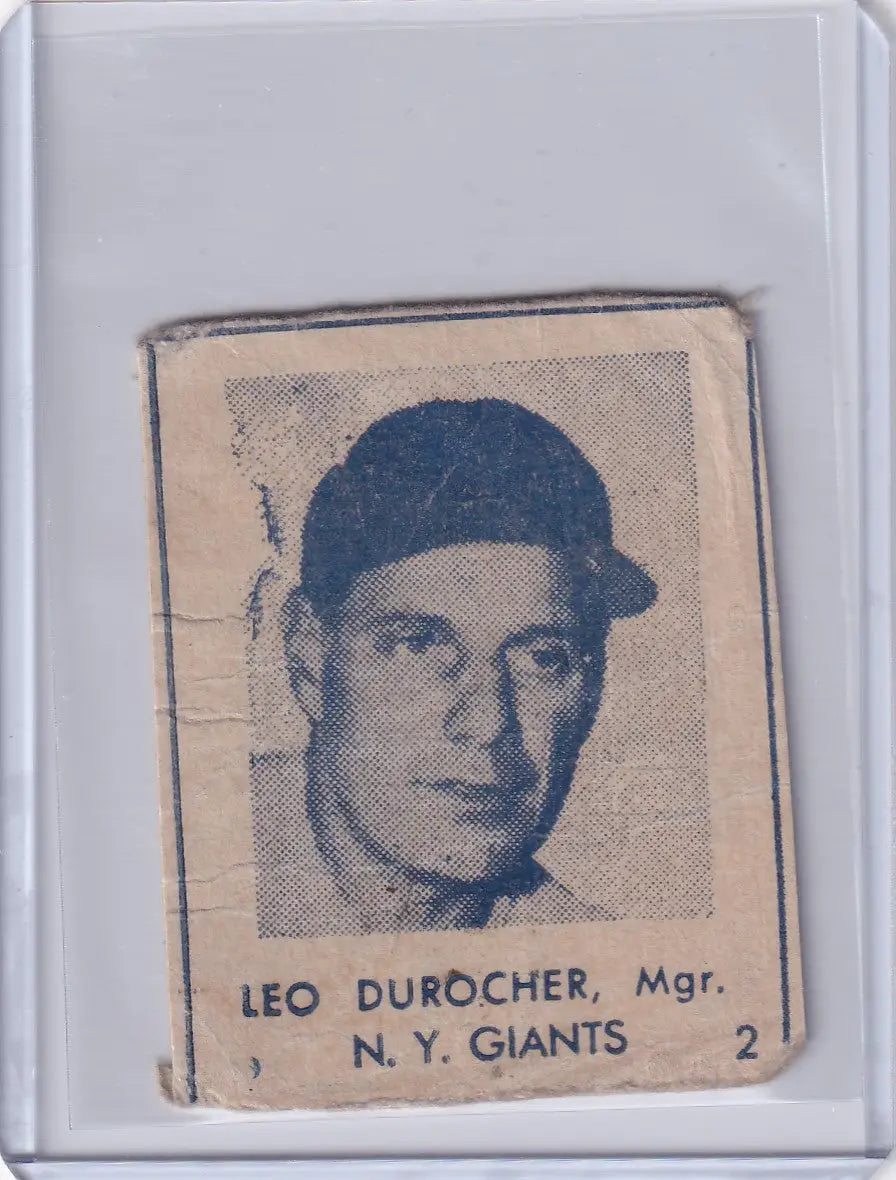 Worn 1948 R346 Blue Tint #2 Leo Durocher baseball card featuring New York Giants