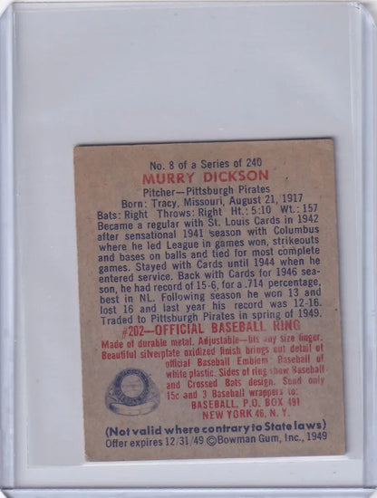 Vintage Murry Dickson baseball card from 1949 Bowman featuring Pittsburgh Pirates player