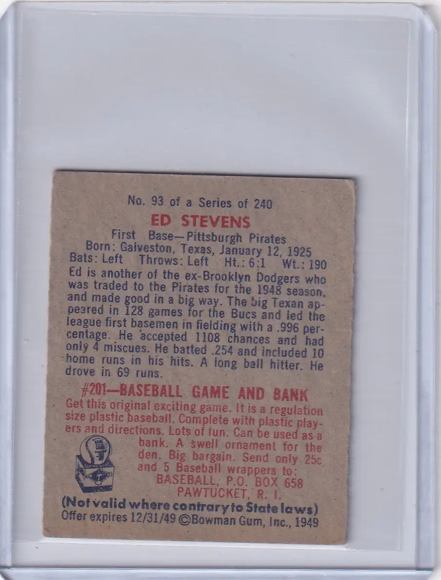 Vintage Ed Stevens Baseball Card from 1949 Bowman Baseball featuring Pittsburgh Pirates