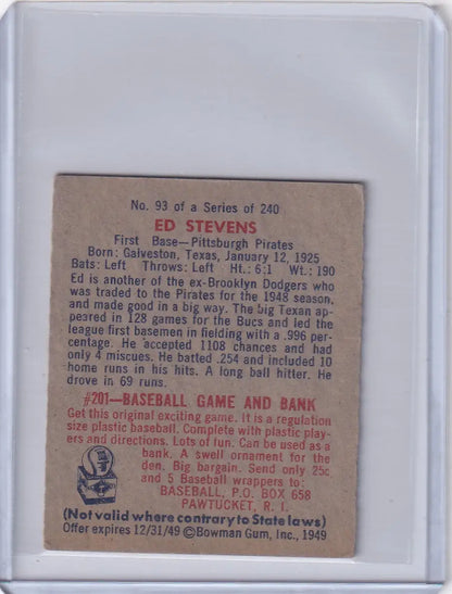 Vintage Ed Stevens Baseball Card from 1949 Bowman Baseball featuring Pittsburgh Pirates