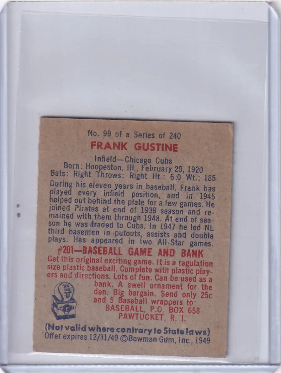 Vintage Frank Gustine baseball card from 1949 Bowman Baseball - Chicago Cubs RC