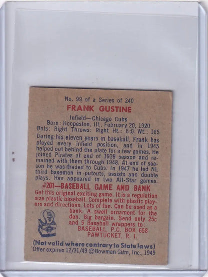 Vintage Frank Gustine baseball card from 1949 Bowman Baseball - Chicago Cubs RC