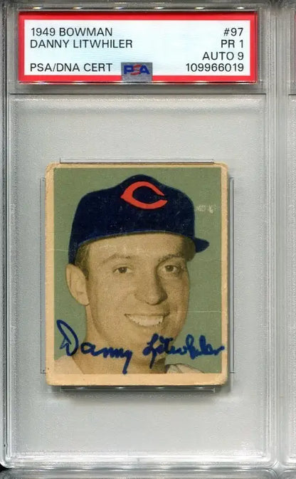 1949 BOWMAN Danny Litwhiler #97 SIGNED PSA 1 DNA MINT 9 Auto Reds