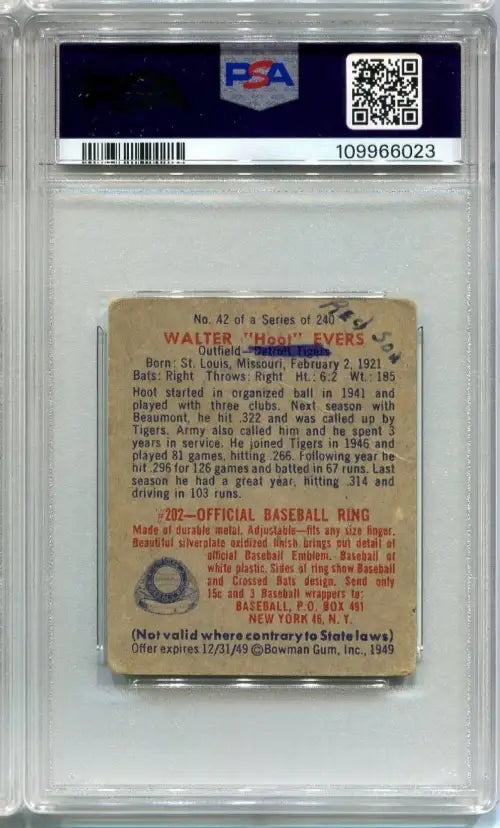 1949 BOWMAN Walter Hoot Evers #42 SIGNED PSA DNA MINT 10 Auto Detroit Tigers
