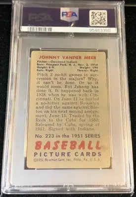 Graded Johnny Vander Meer baseball card 1951 Bowman PSA 1 with signed Cleveland autograph